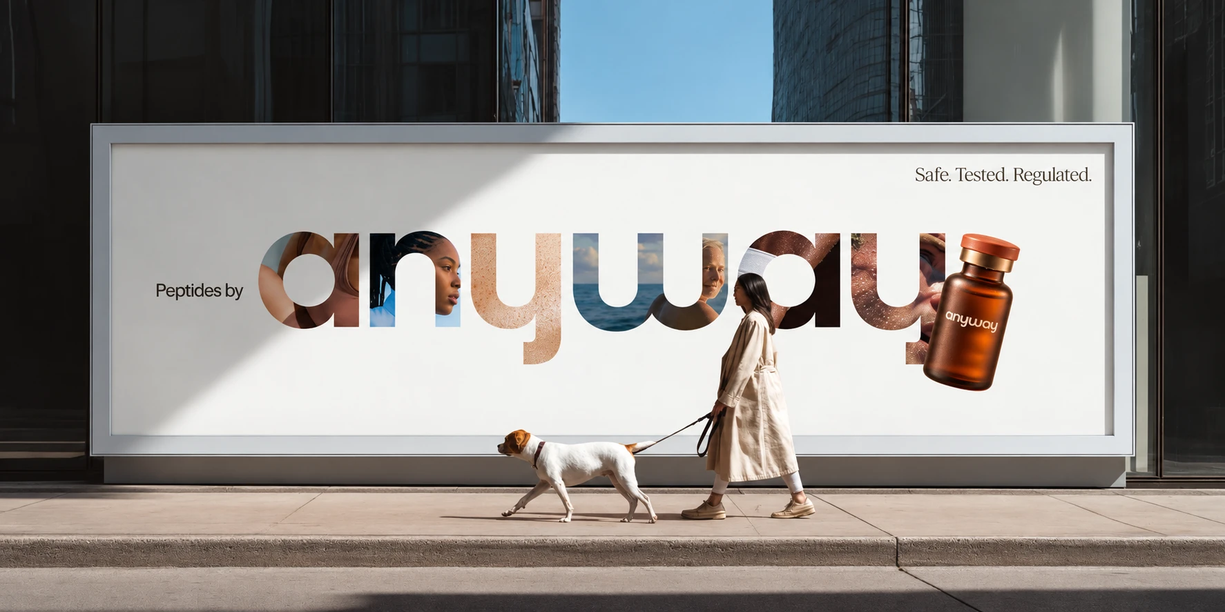anyway brand concept: a photographic wordmark and amber bottle on a sunlit city billboard, with a woman walking her dog